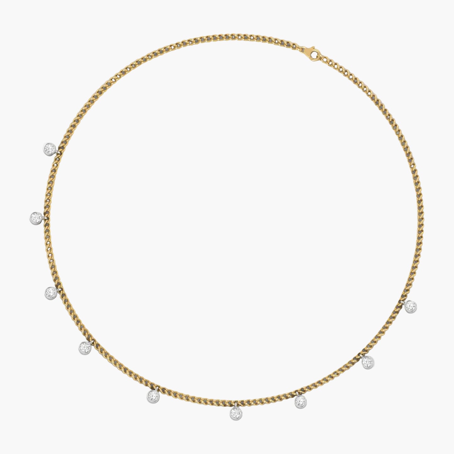 Gold chain necklace with small pearls on a white background