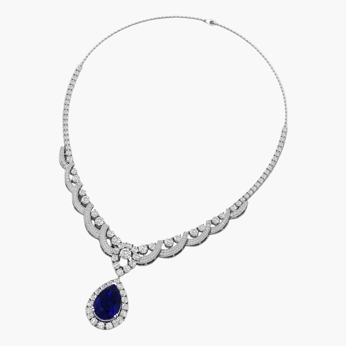 Elegant necklace with a blue gemstone pendant on a white background