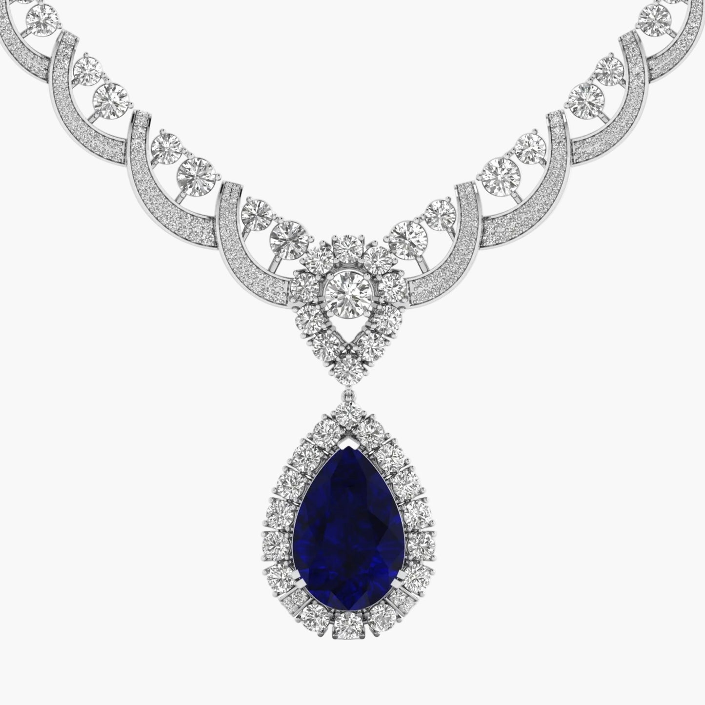 Elegant necklace with a blue teardrop gem and diamond accents on a white background