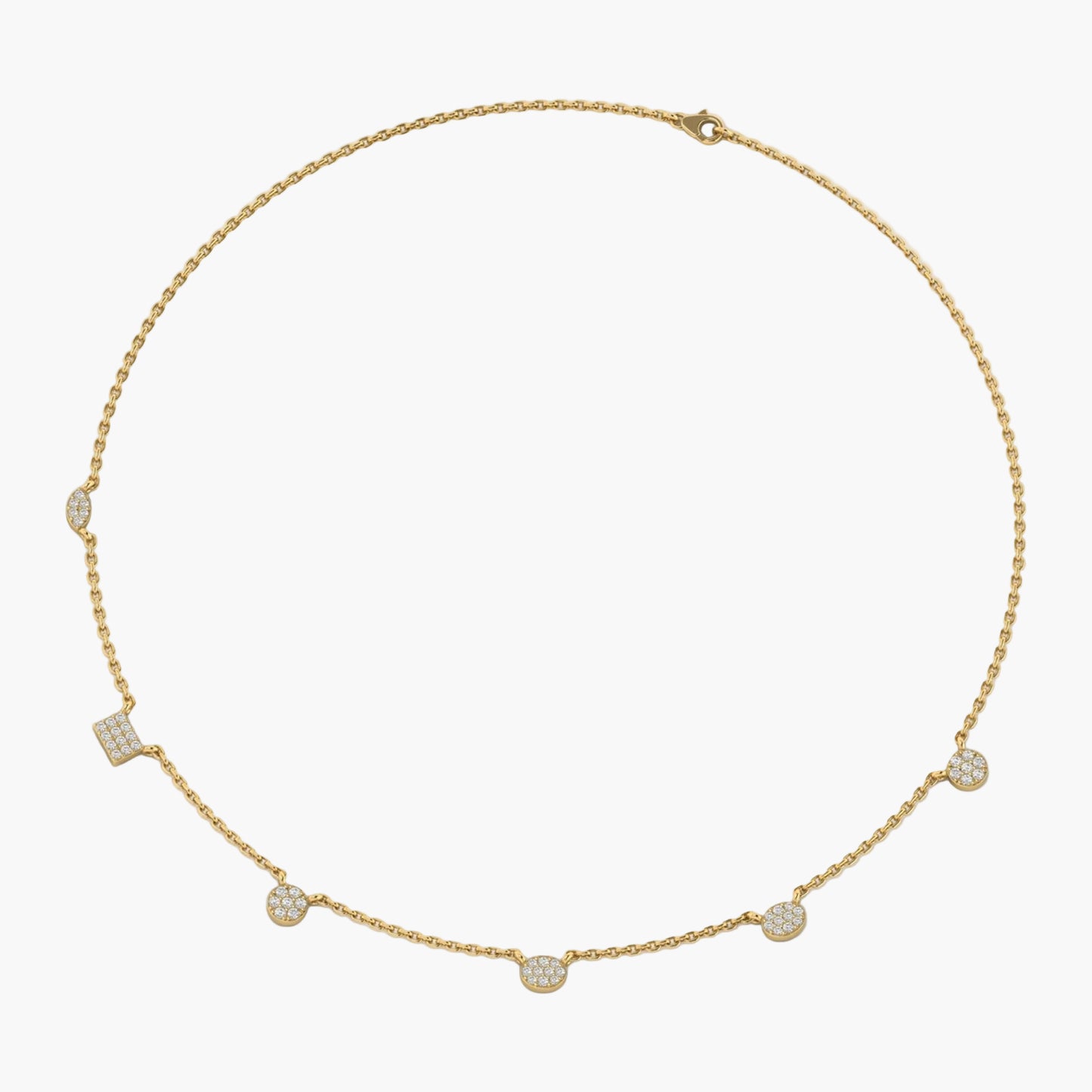 Gold necklace with small diamonds on a white background