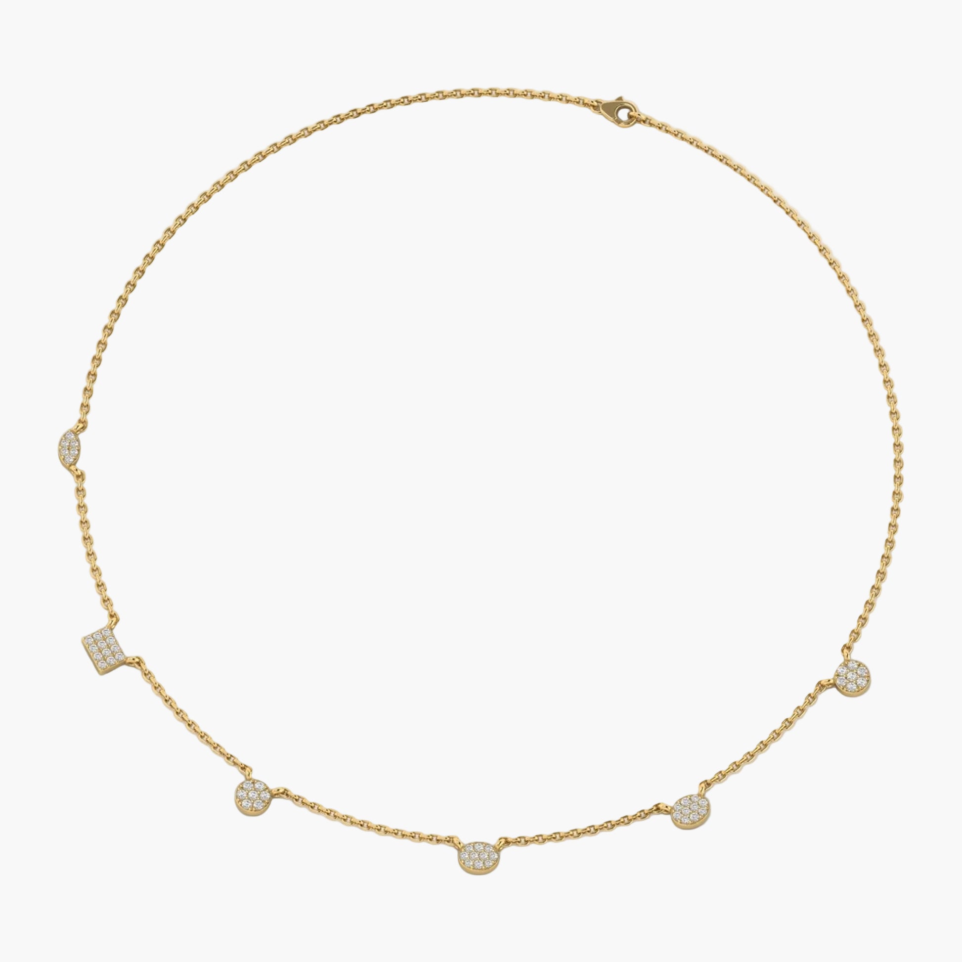 Gold necklace with small diamonds on a white background