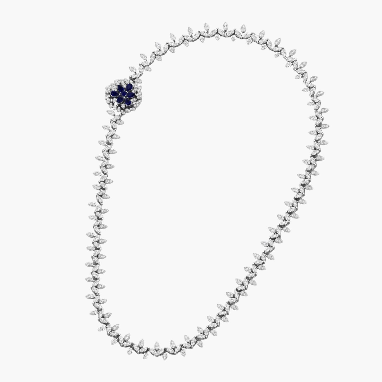 Silver beaded necklace with a blue gemstone on a white background