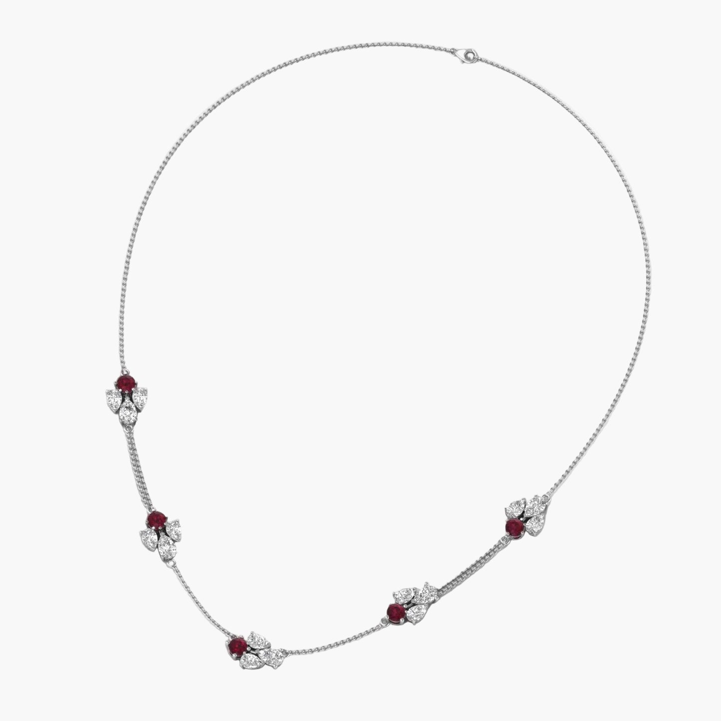 Silver necklace with red stones on a white background, branded 'Green Lab'.