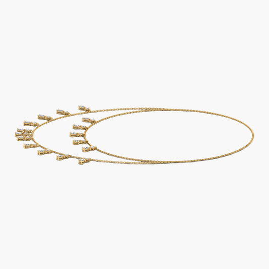 Gold necklace with small pendants on a white background, branded 'Green Lab'.