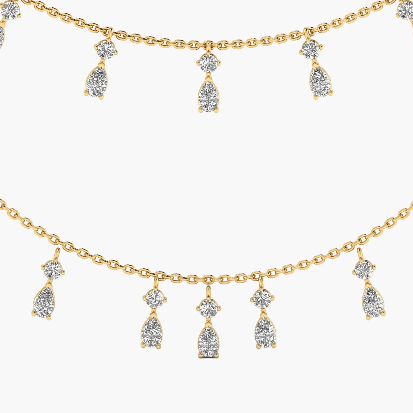 Gold necklace with teardrop-shaped diamond pendants on a white background, branded 'Green Lab'.