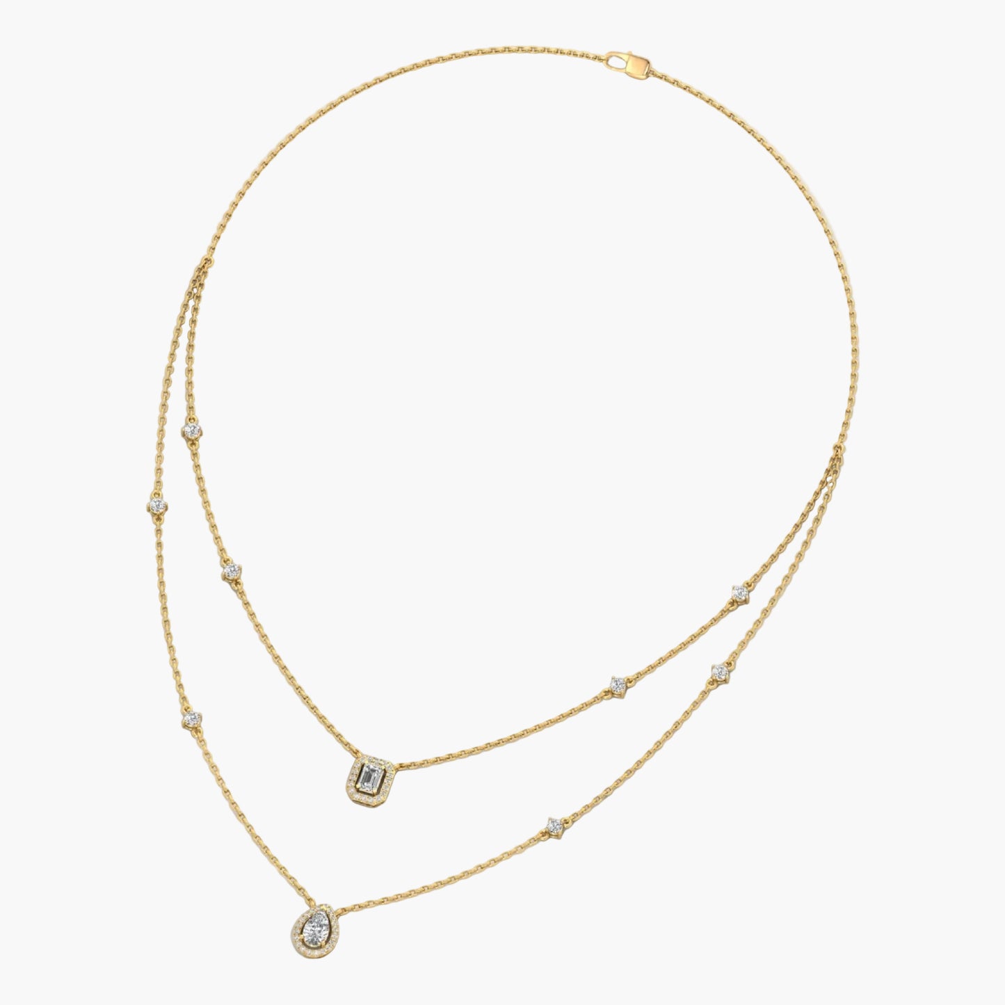 Gold necklace with embedded stones on a white background, branded 'Green Lab'.