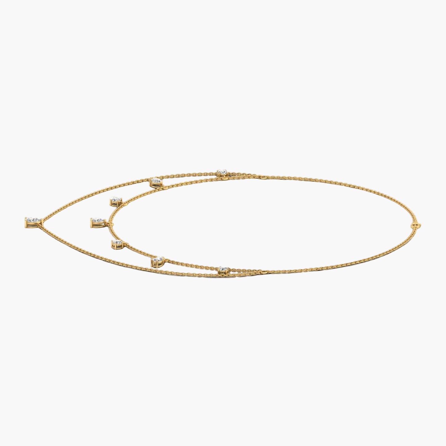Gold necklace with small stones on a white background, branded 'Green Lab'.