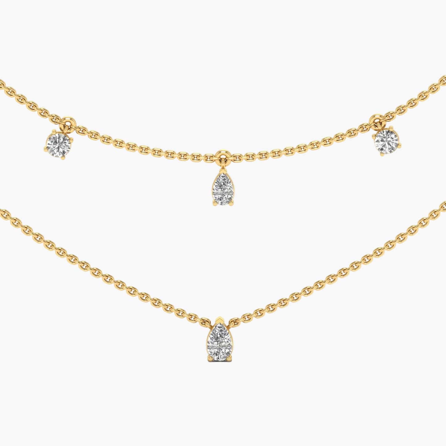 Gold necklace with diamond pendants on a white background, branded 'Green Lab'.