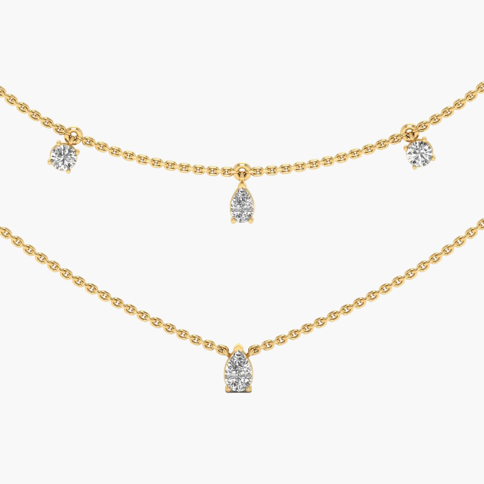 Gold necklace with diamond pendants on a white background, branded 'Green Lab'.