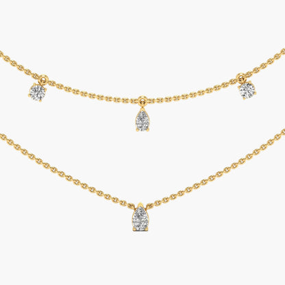 Gold necklace with diamond pendants on a white background, branded 'Green Lab'.