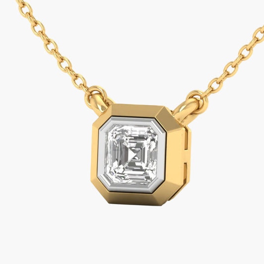 Gold necklace with a diamond pendant on a white background
