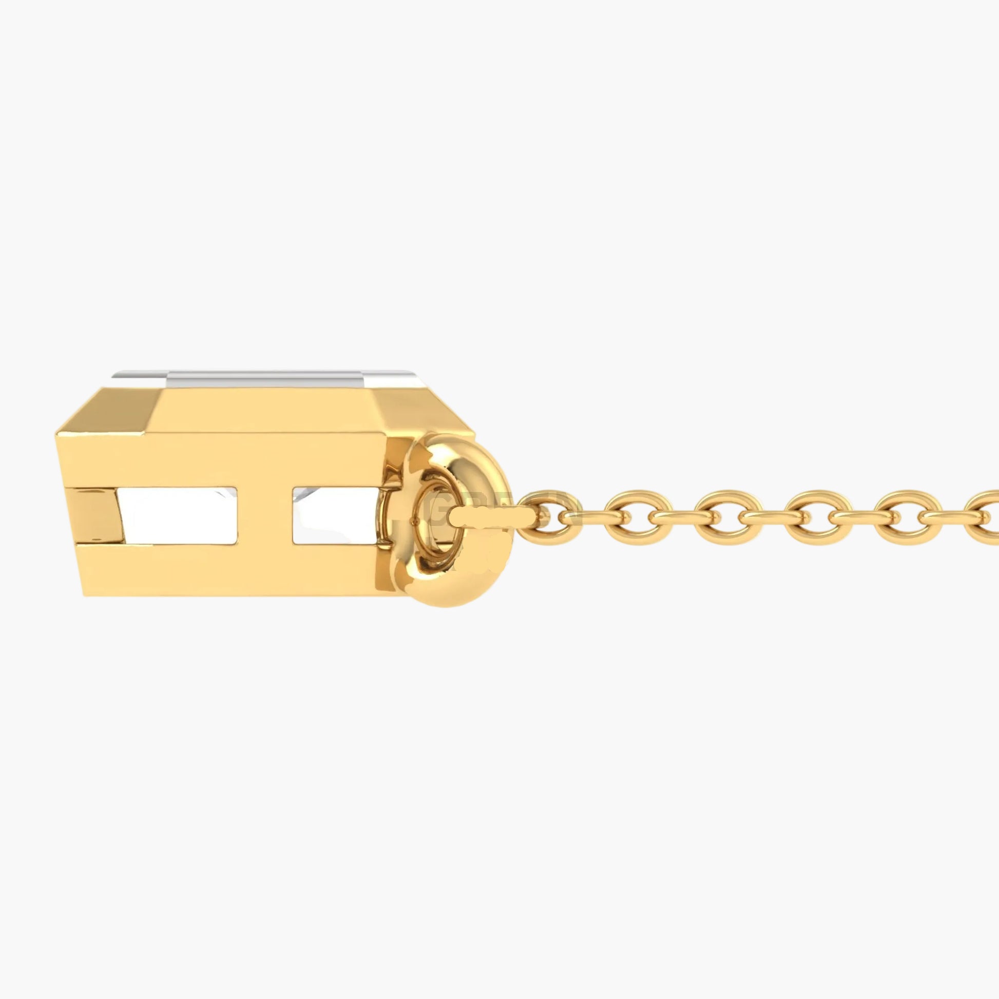 Gold chain with a rectangular gold pendant on a white background