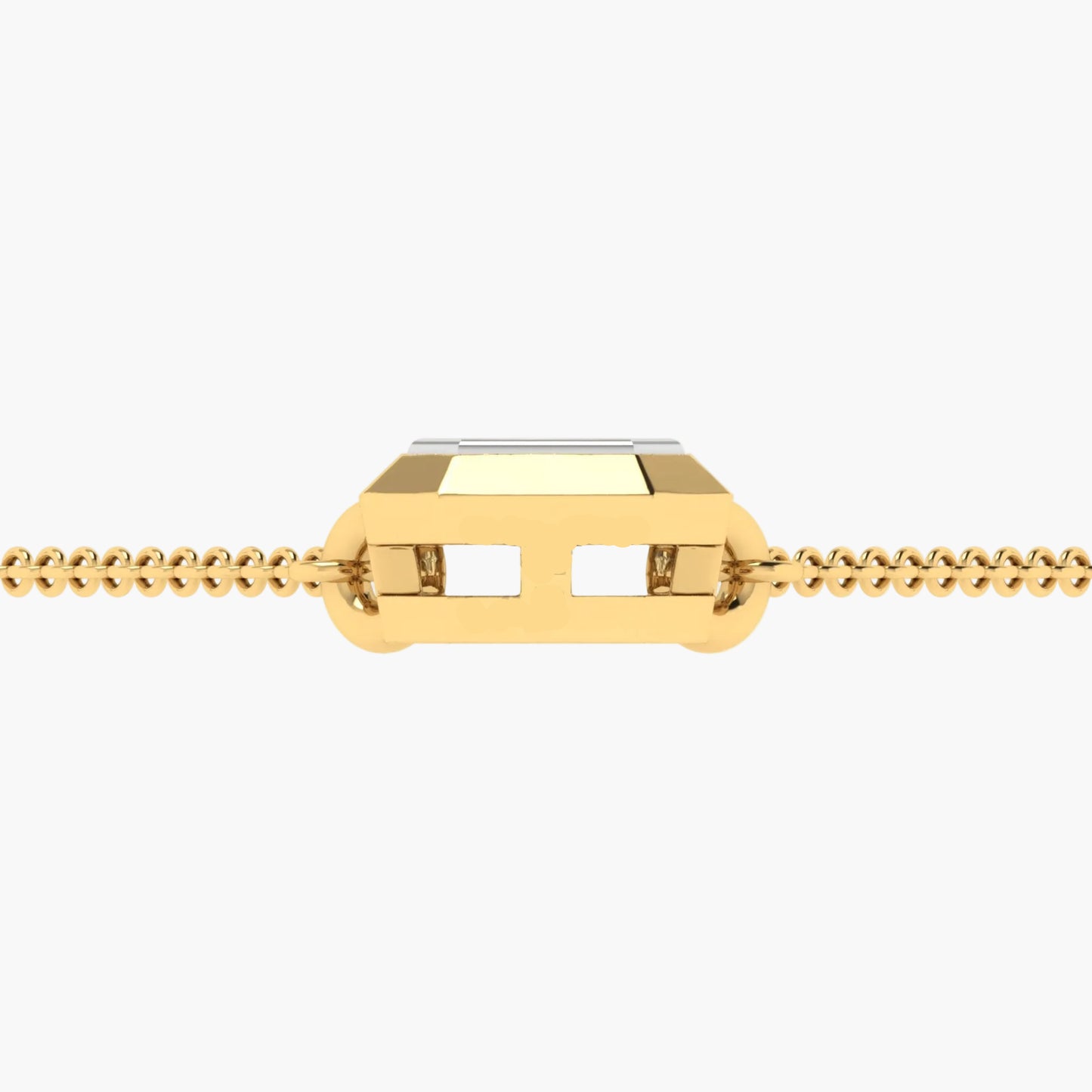 Gold necklace with a rectangular pendant on a white background
