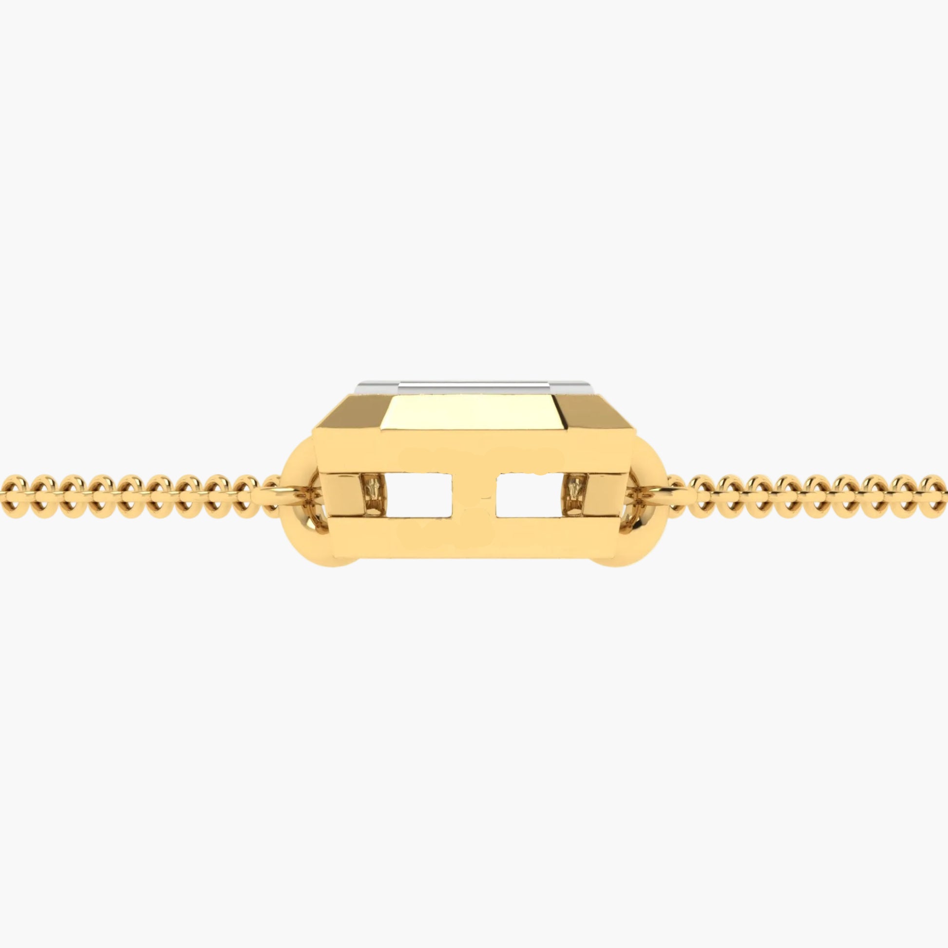 Gold necklace with a rectangular pendant on a white background