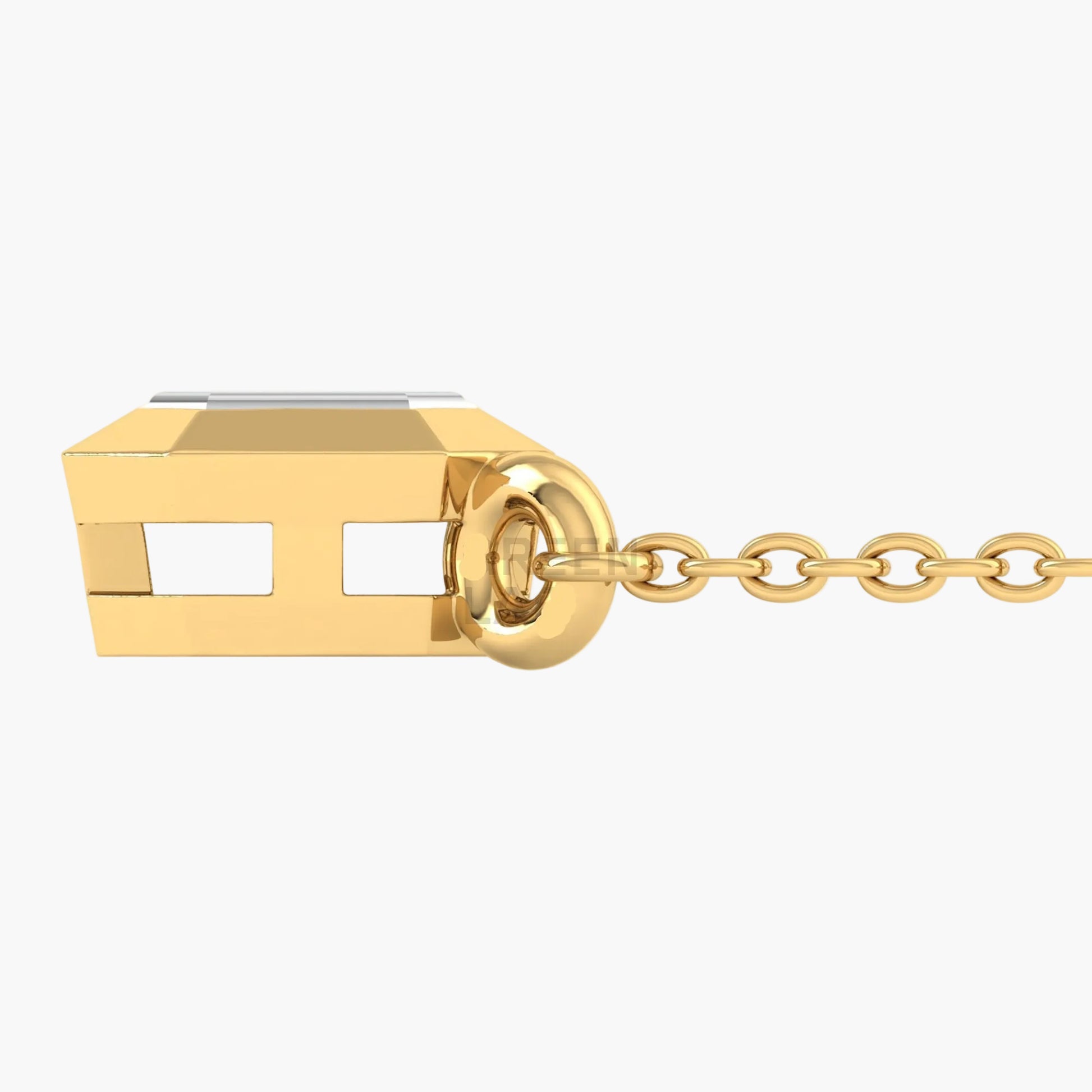 Gold chain with a rectangular gold lock on a white background