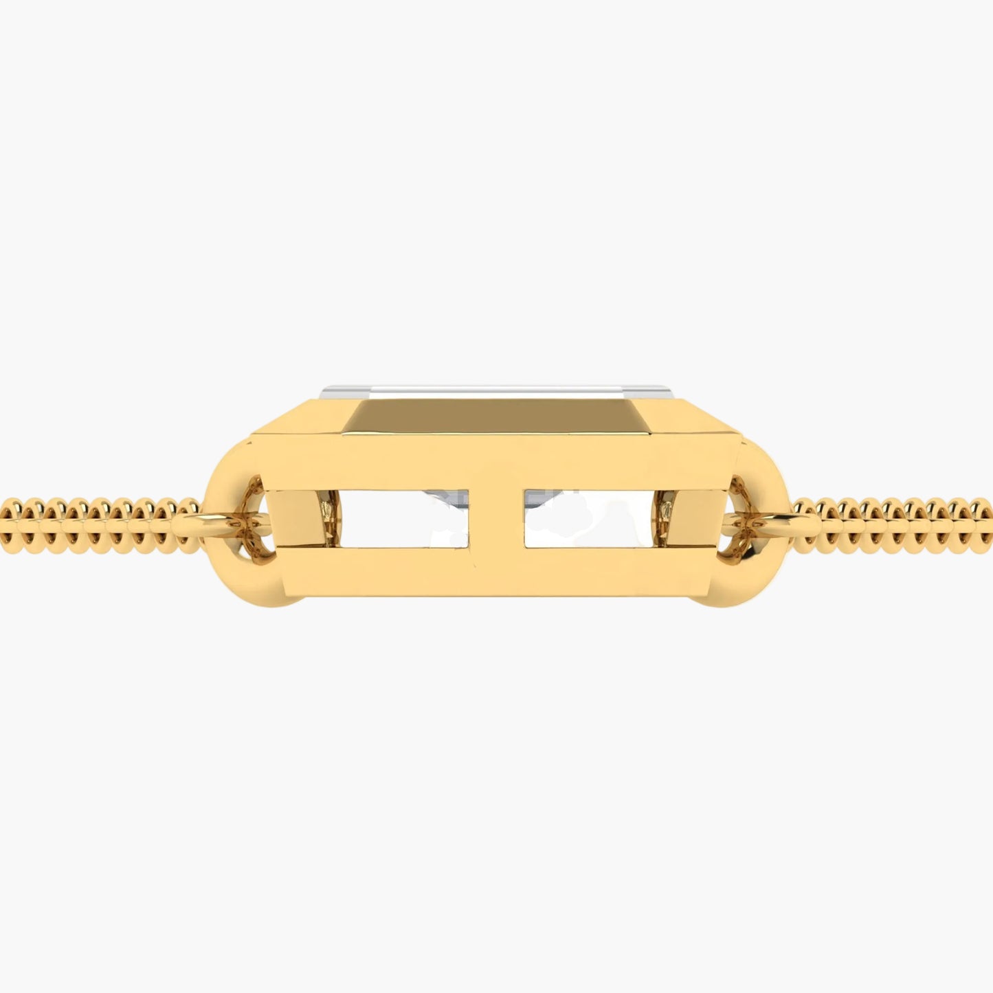 Gold chain with a rectangular pendant on a white background