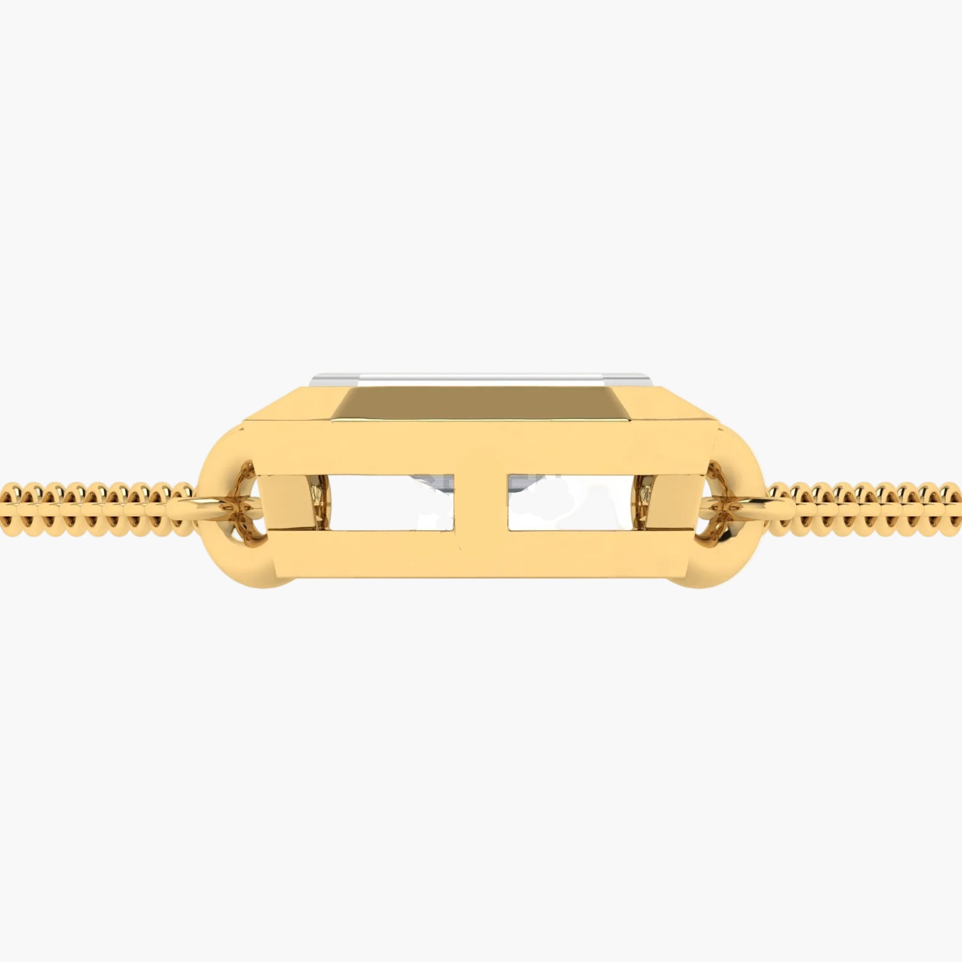 Gold chain with a rectangular pendant on a white background