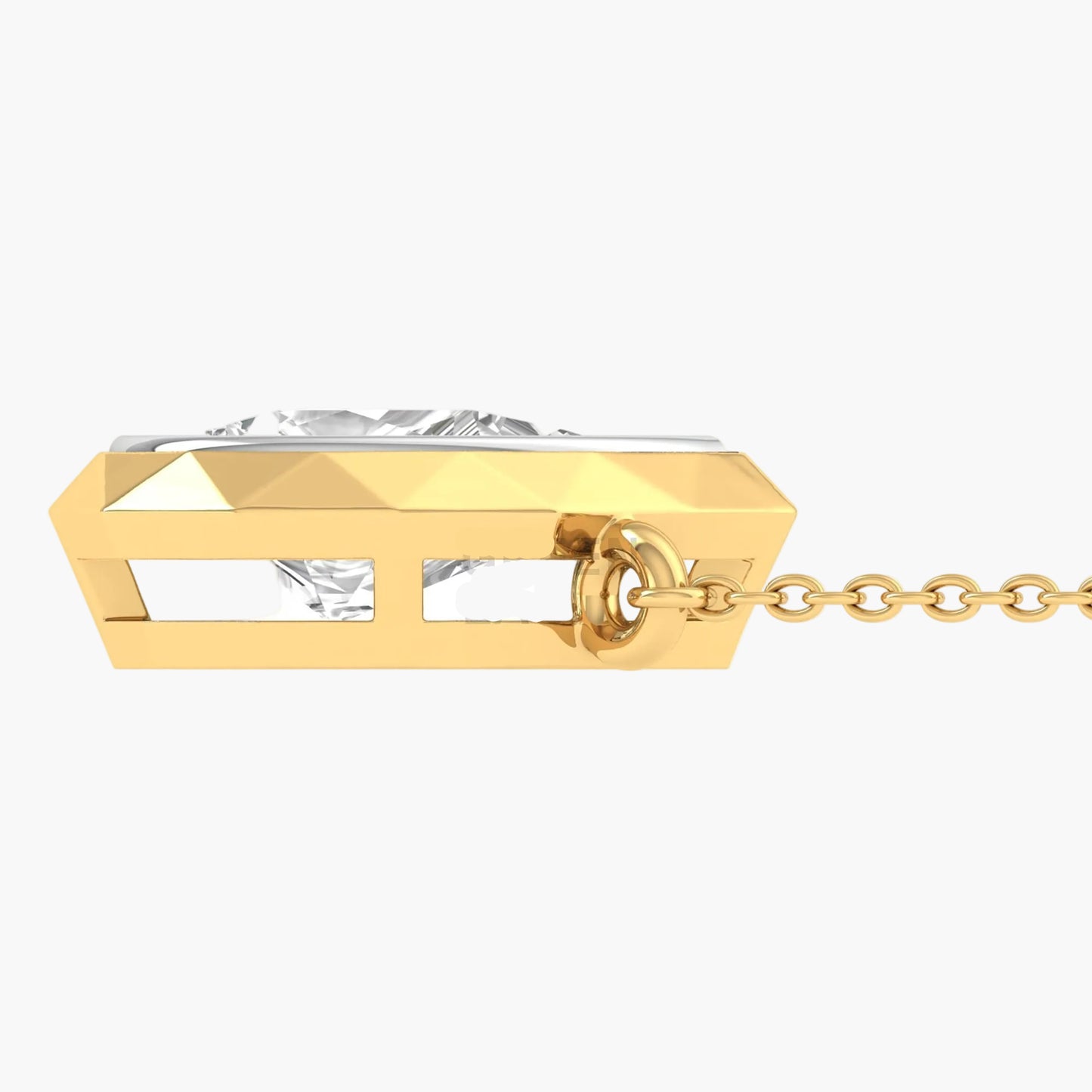 Gold necklace with a clear gemstone on a white background