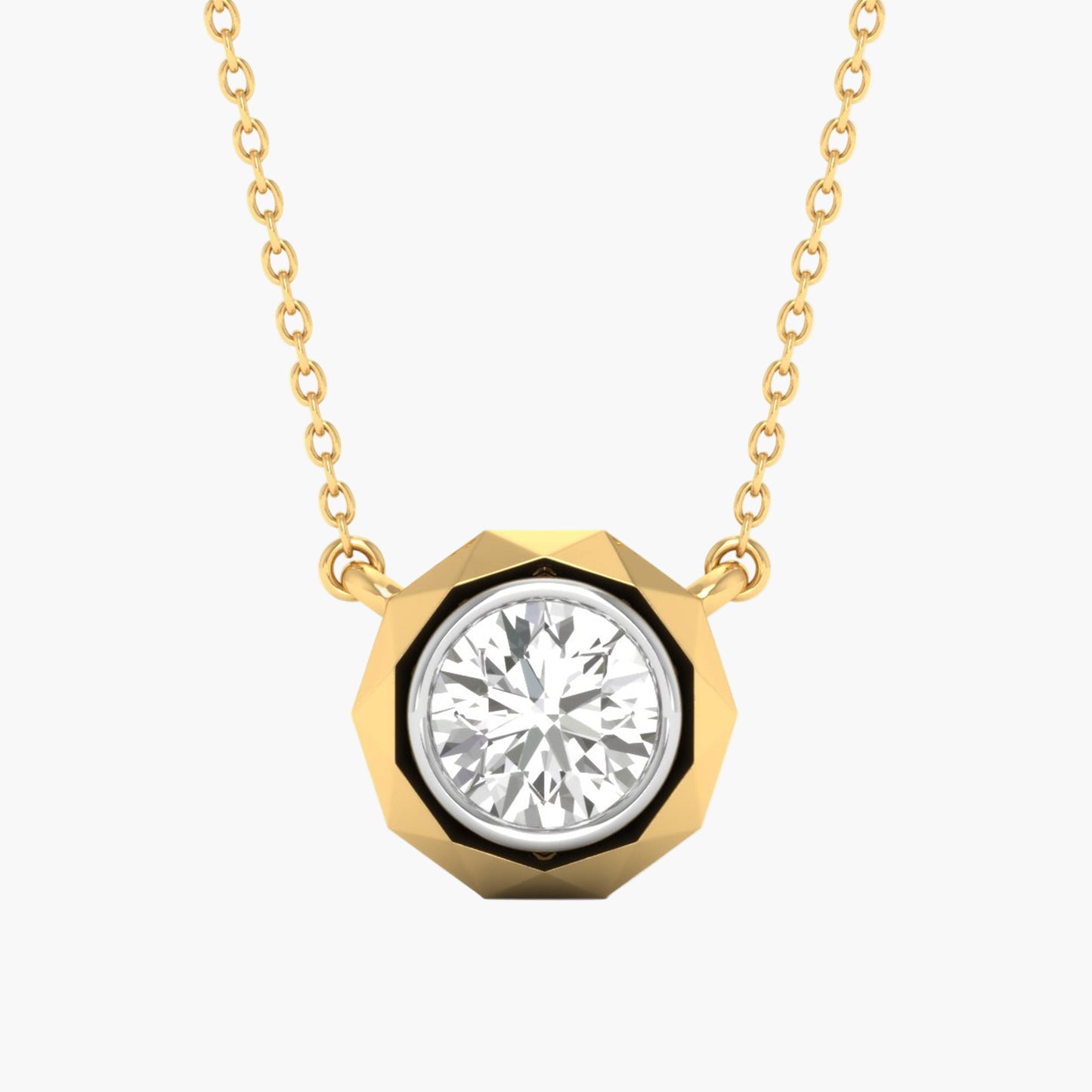 Gold necklace with a diamond pendant on a white background