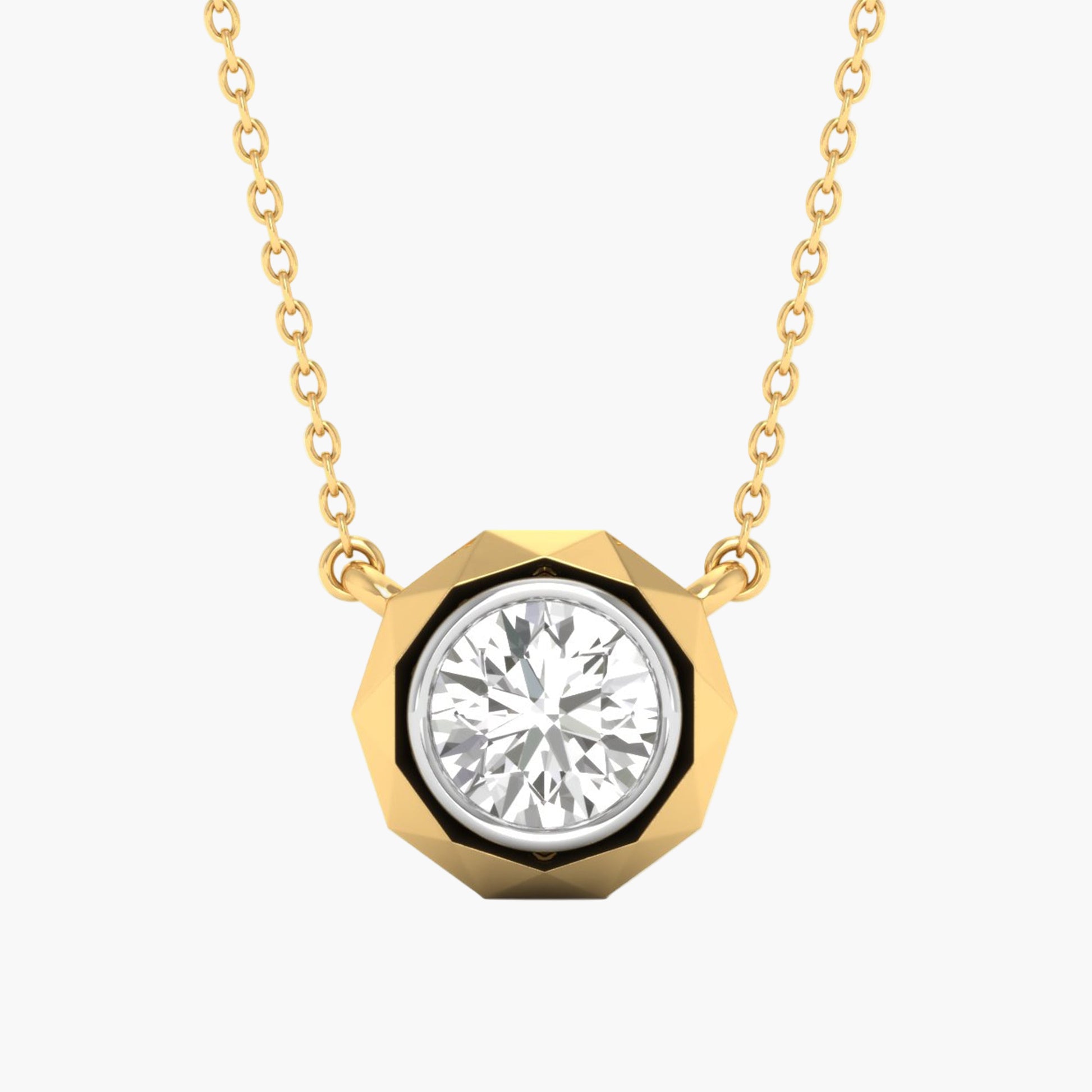 Gold necklace with a diamond pendant on a white background
