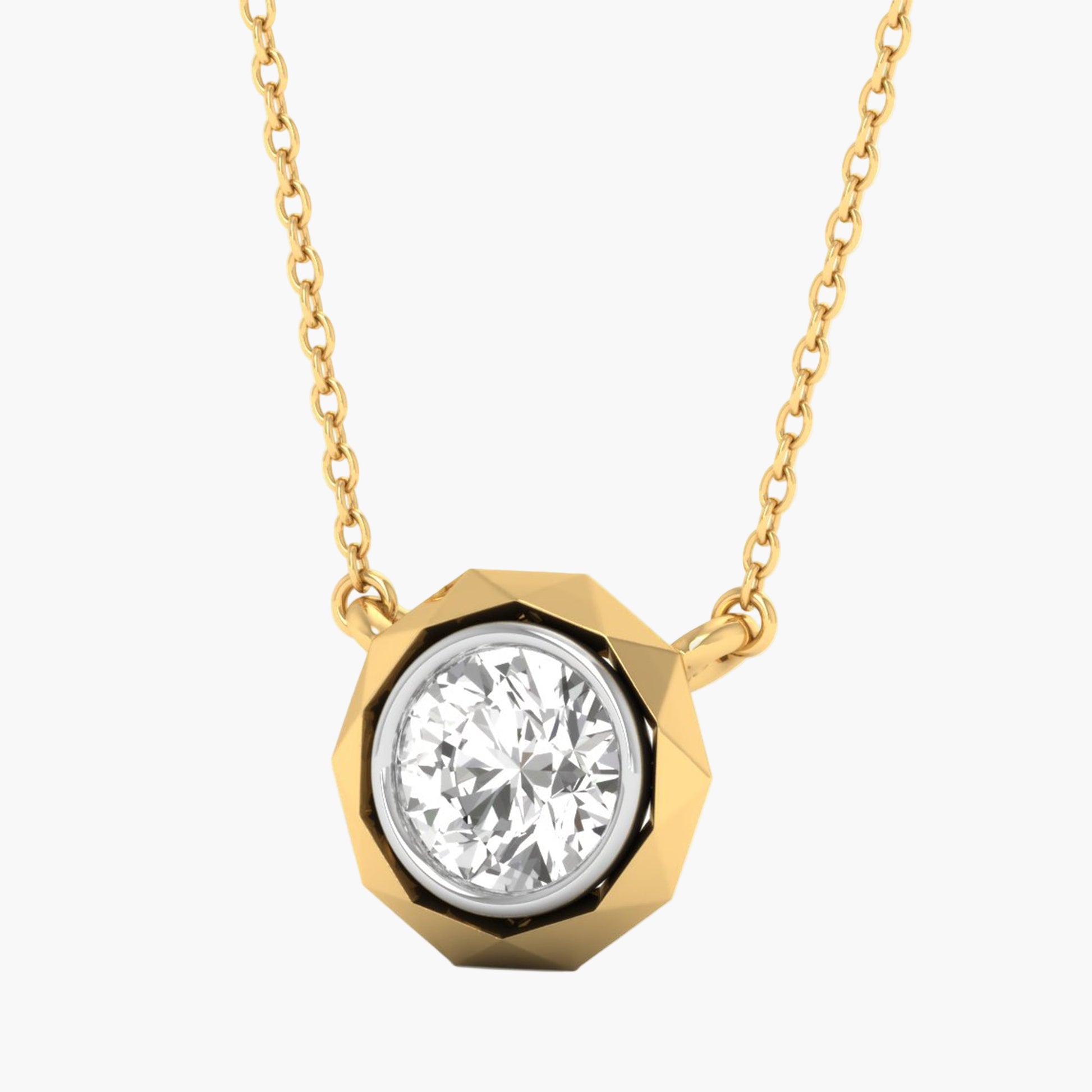 Gold necklace with a diamond pendant on a white background