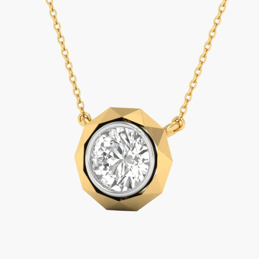 Gold necklace with a diamond pendant on a white background