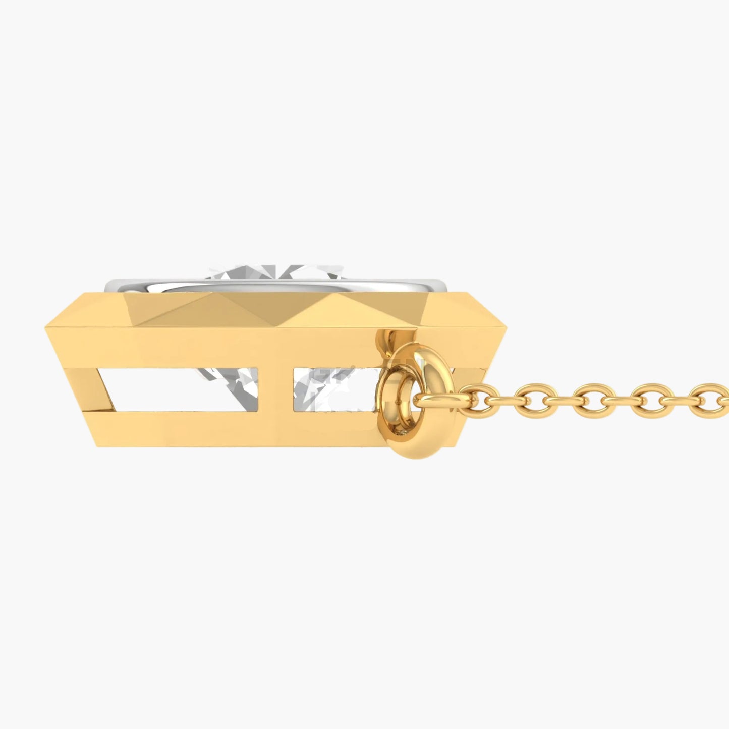 Gold necklace with a geometric pendant on a white background