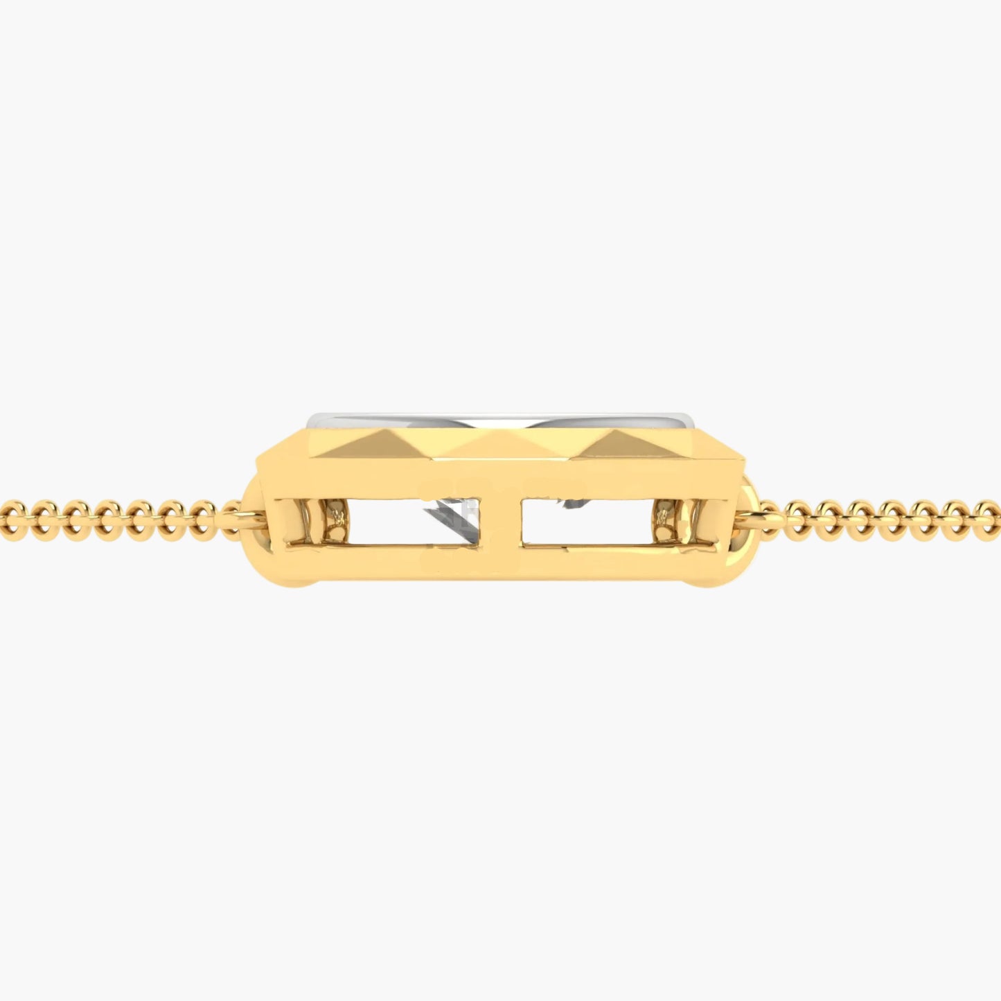 Gold necklace with a rectangular pendant on a white background