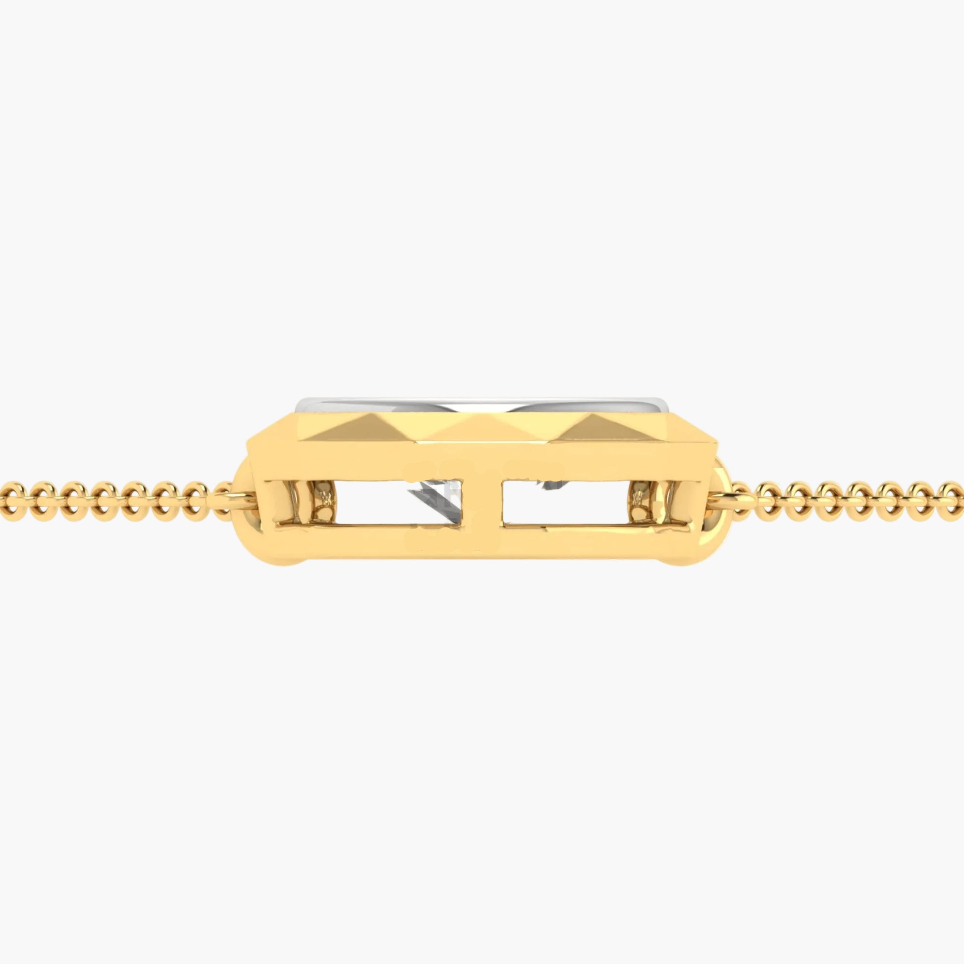 Gold necklace with a rectangular pendant on a white background