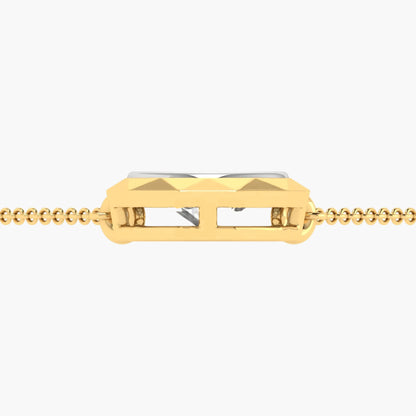 Gold necklace with a rectangular pendant on a white background