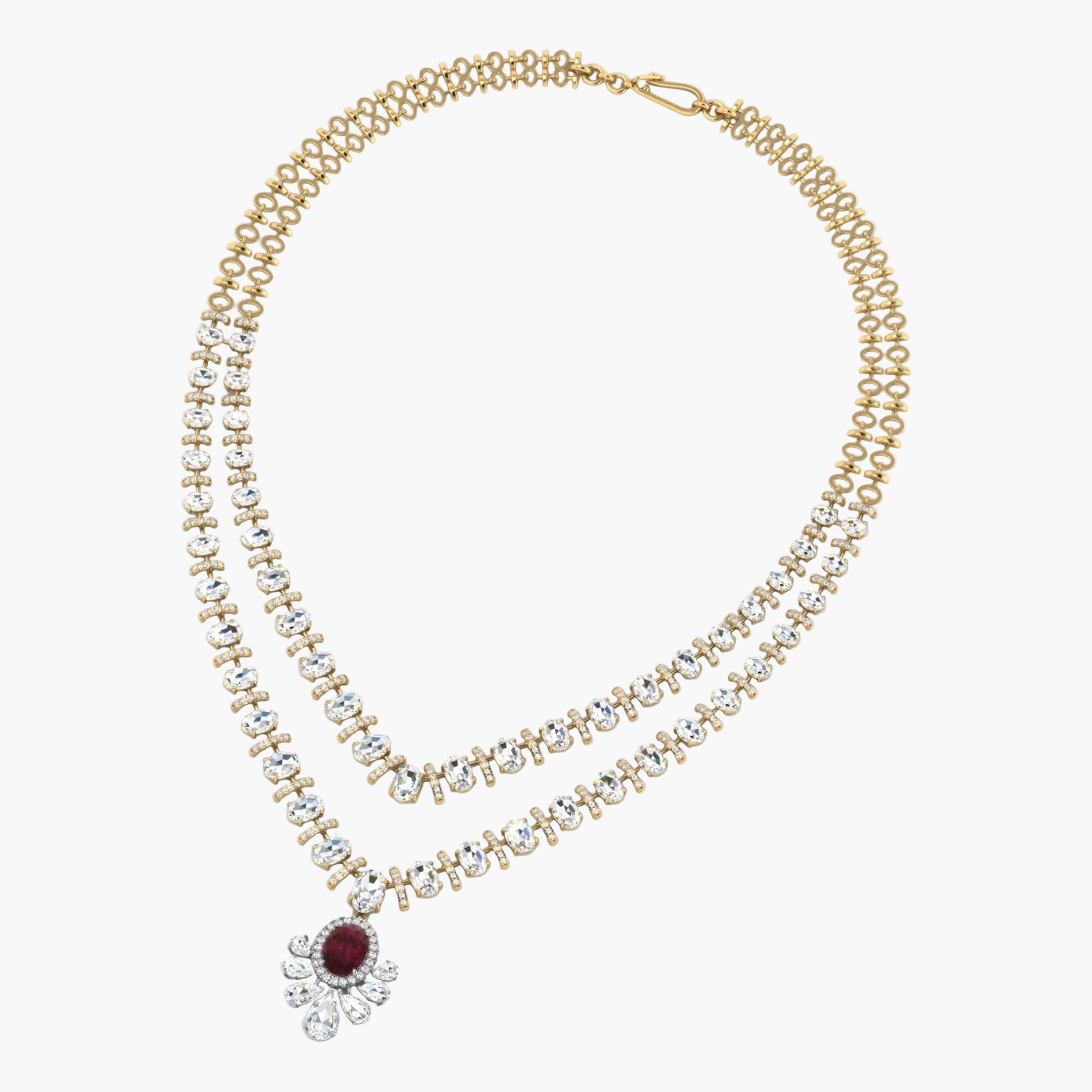 Pearl necklace with a red gemstone pendant on a white background, branded 'Green Lab'.