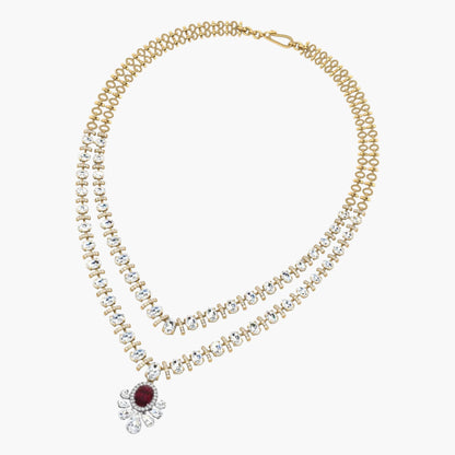 Pearl necklace with a red gemstone pendant on a white background, branded 'Green Lab'.