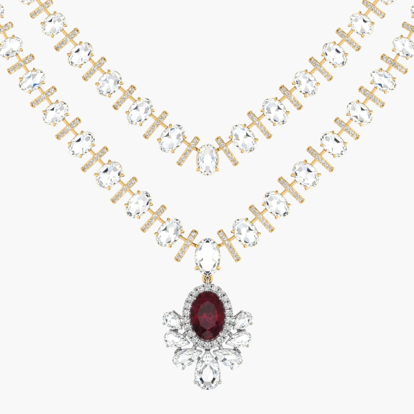 Gold necklace with clear gemstones and a red gemstone pendant on a white background