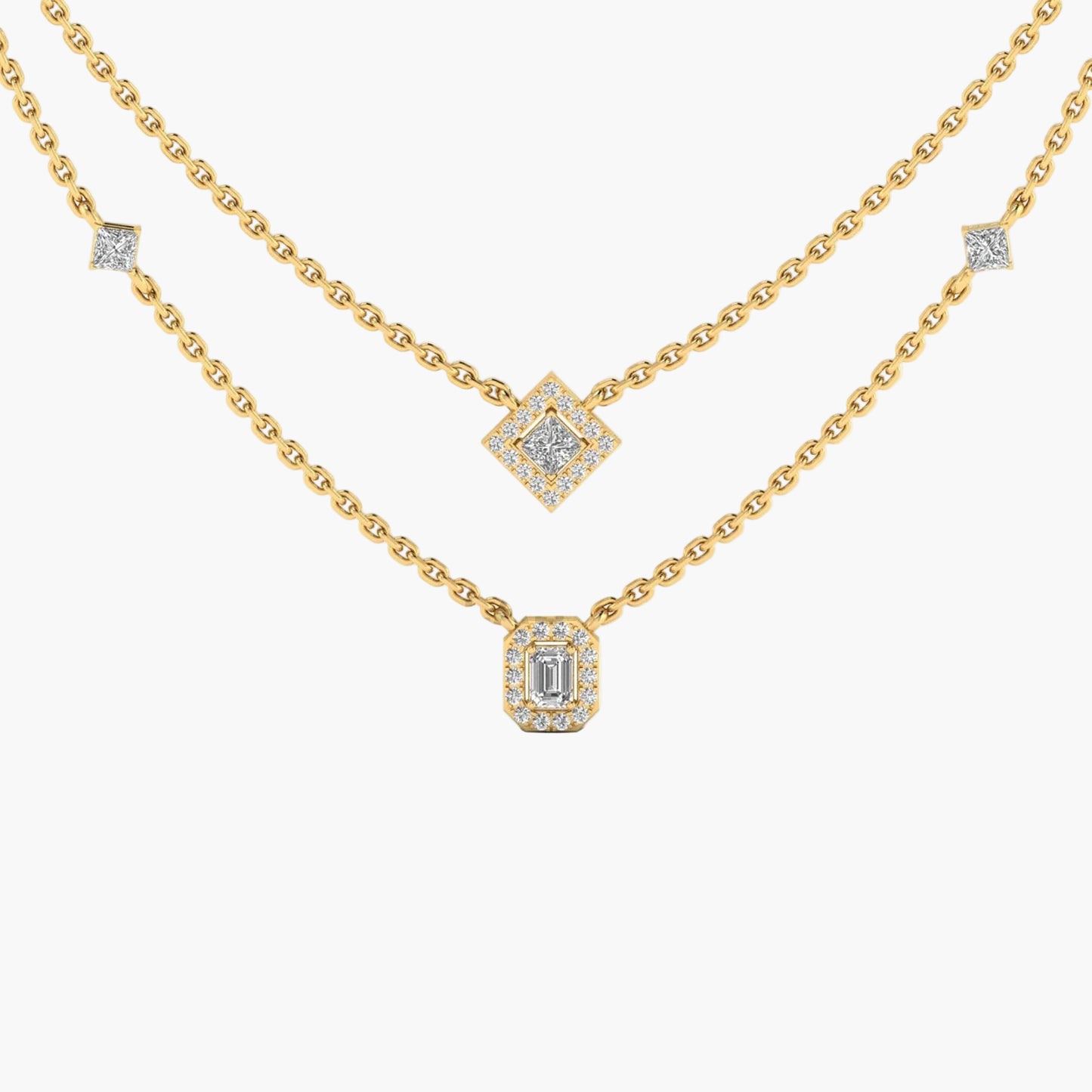 Gold necklace with diamond pendants on a white background