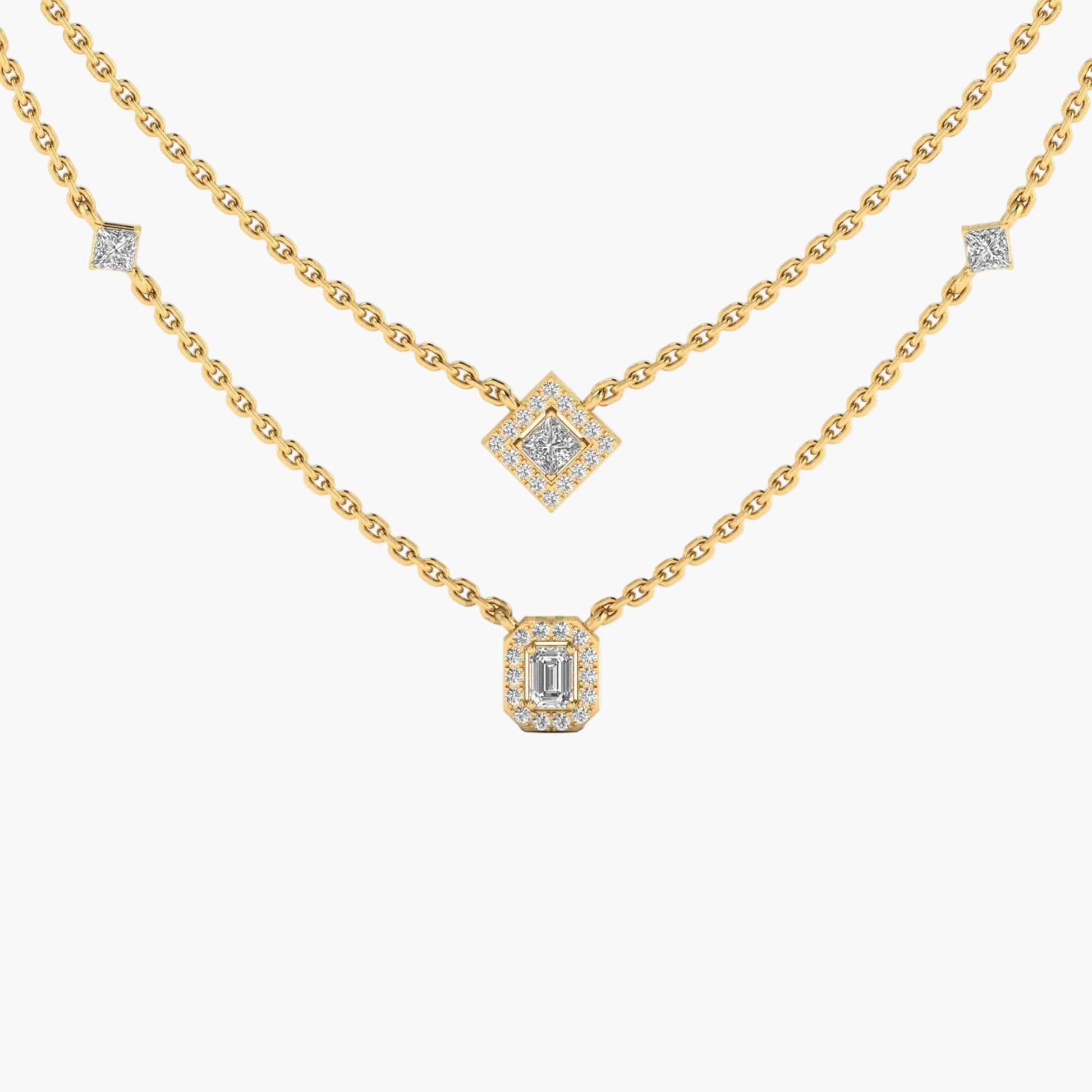 Gold necklace with diamond pendants on a white background