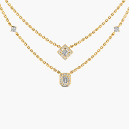 Gold necklace with diamond pendants on a white background