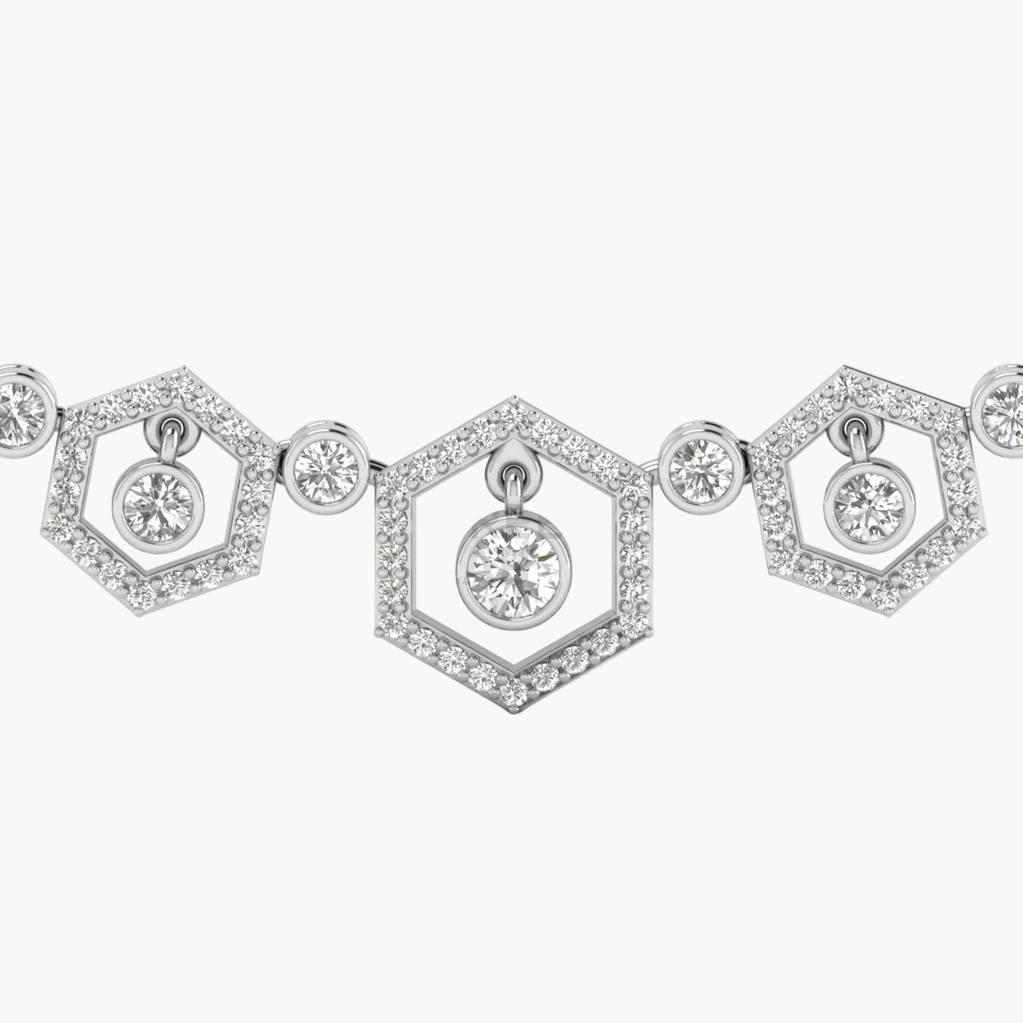 Diamond necklace with hexagonal pendants on a white background