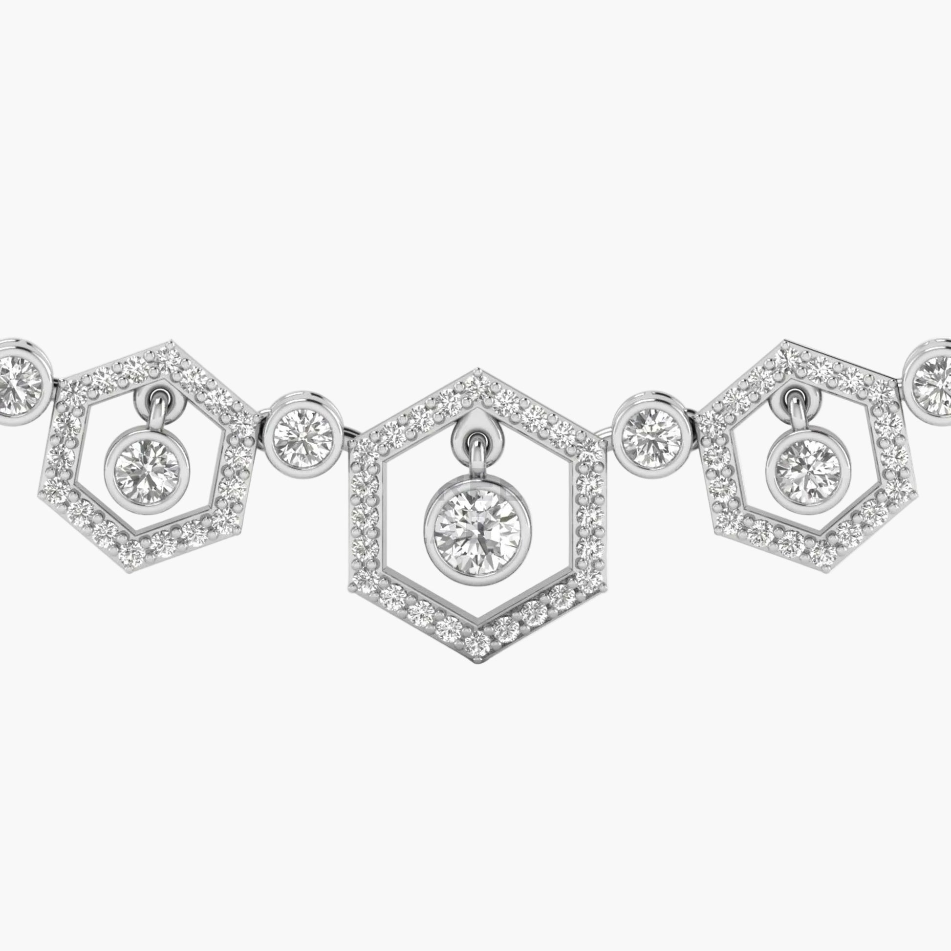 Diamond necklace with hexagonal pendants on a white background
