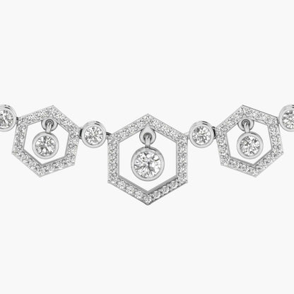 Diamond necklace with hexagonal pendants on a white background