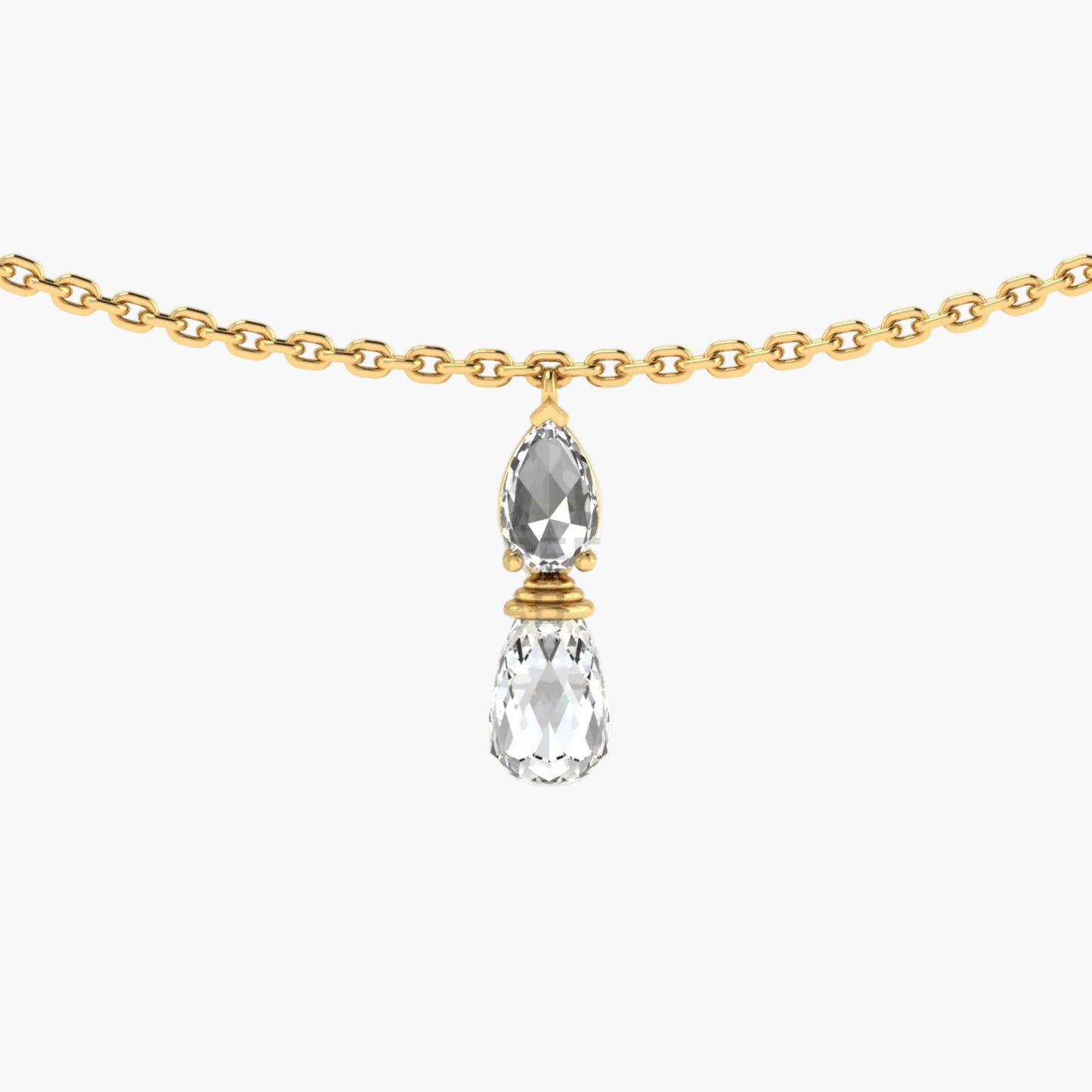 Gold necklace with teardrop-shaped crystal pendants on a white background