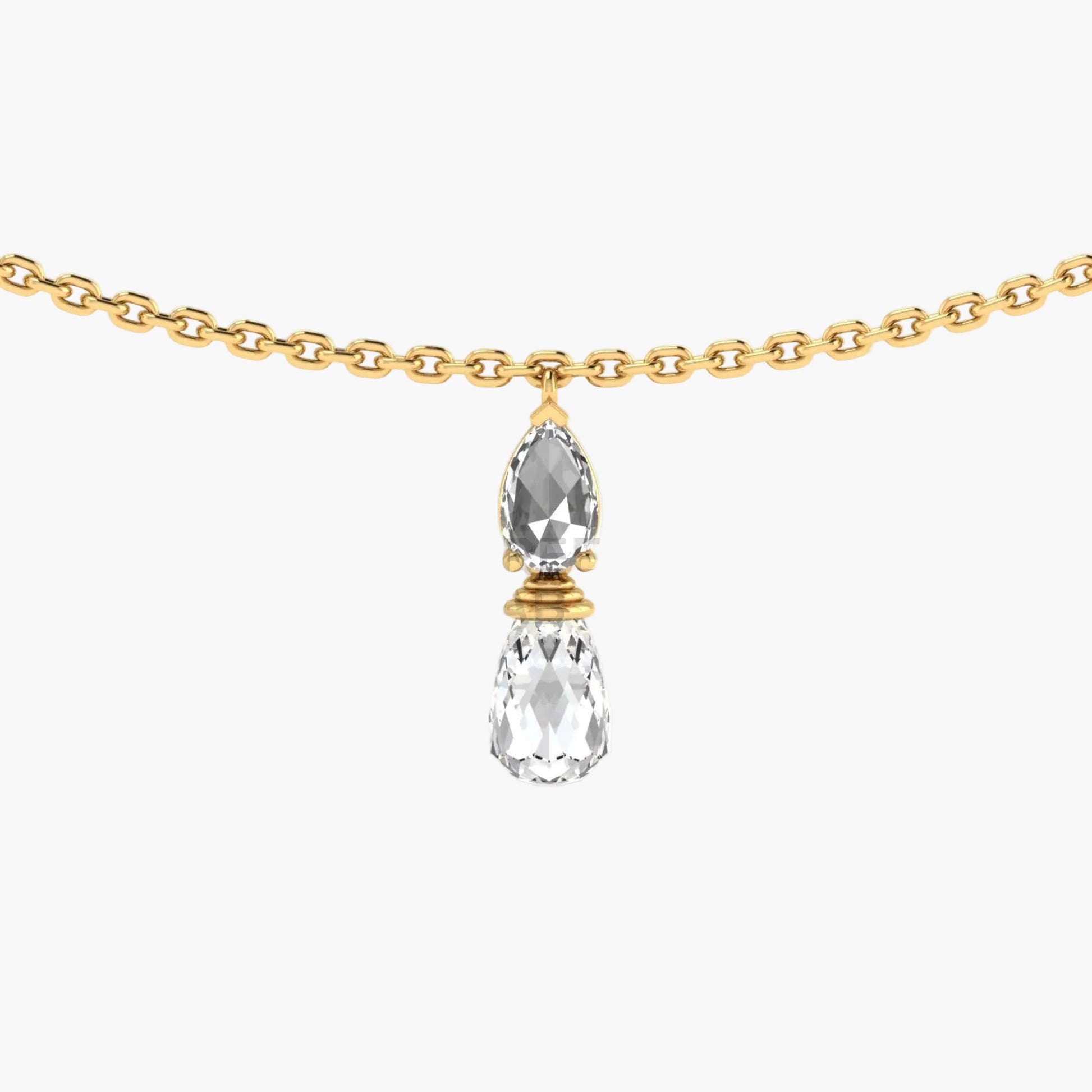 Gold necklace with teardrop-shaped crystal pendants on a white background