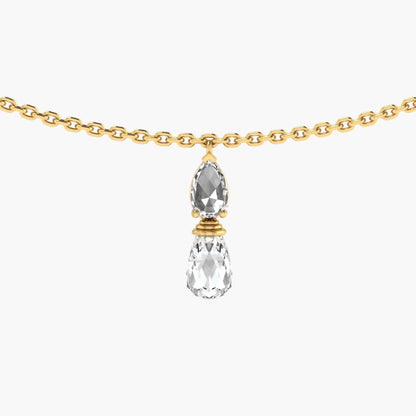 Gold necklace with teardrop-shaped crystal pendants on a white background