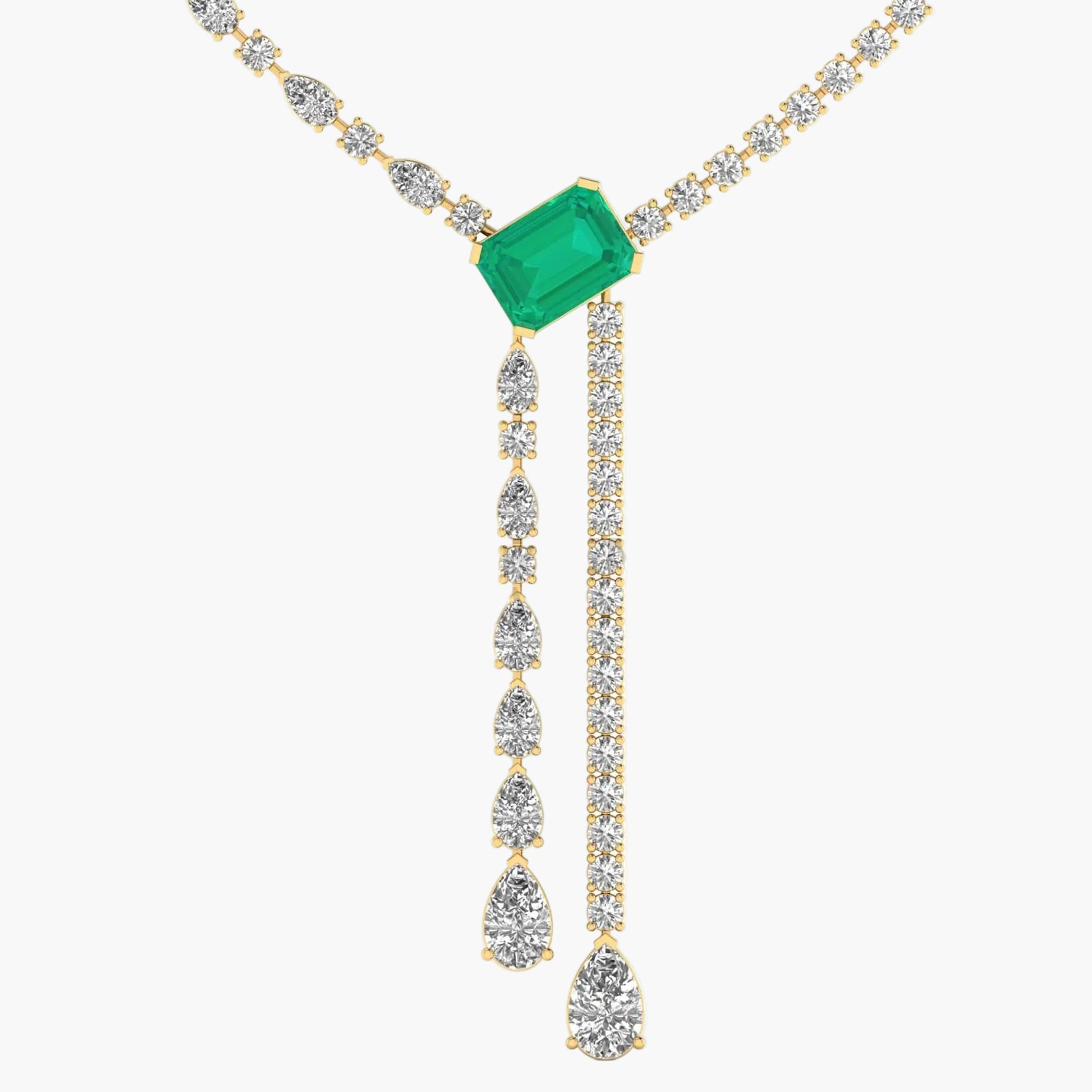 Gold necklace with emerald and diamond pendants on a white background
