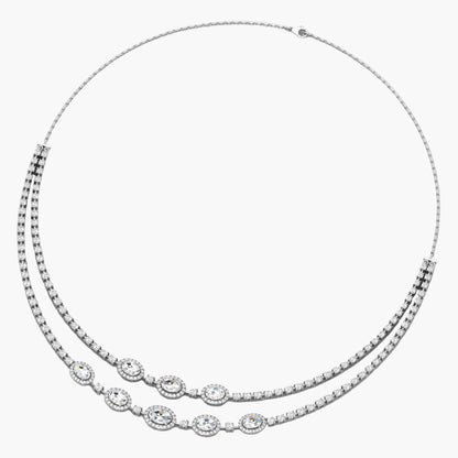 Silver necklace with clear stones on a white background, branded 'Green Lab'.