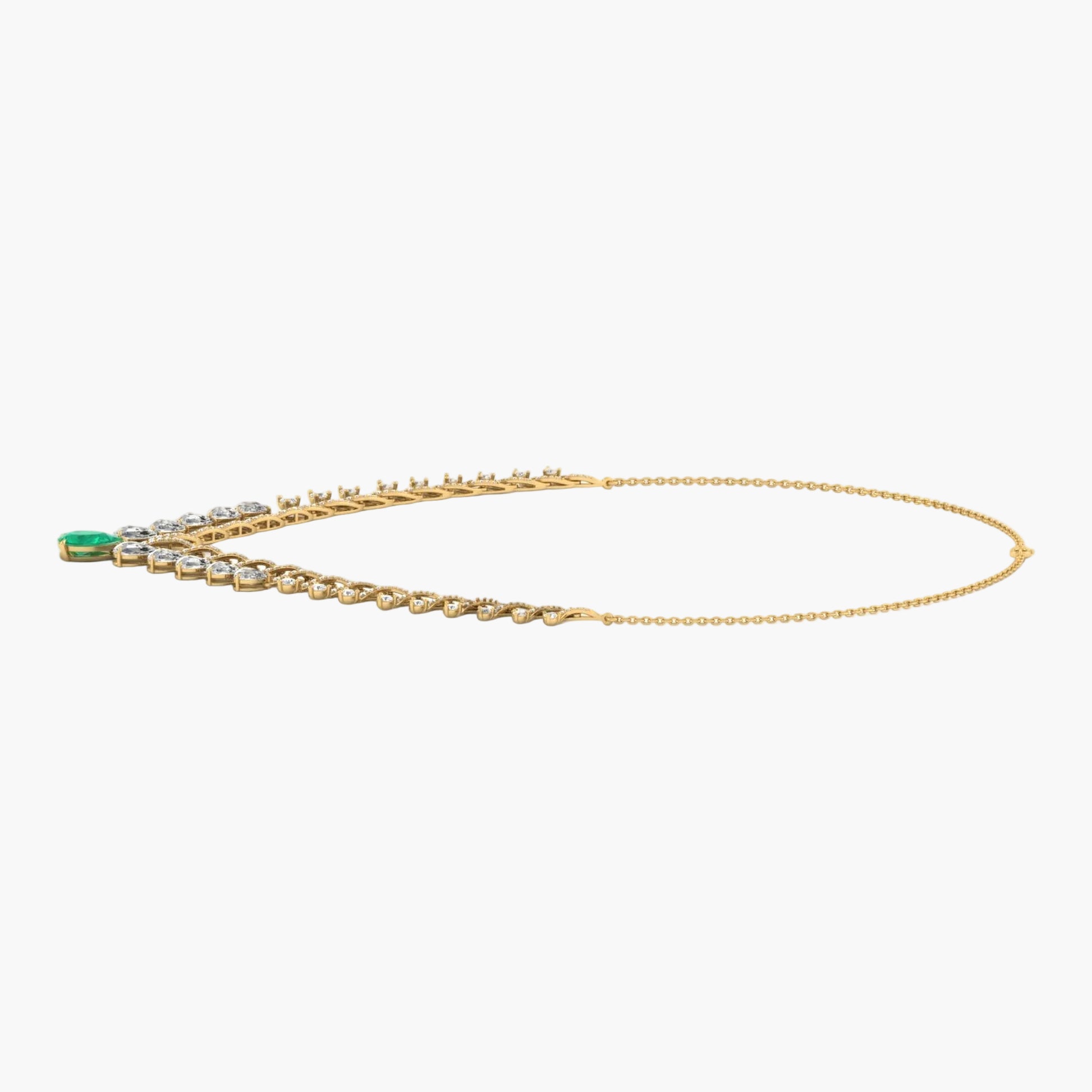 Gold necklace with green gemstone on a white background