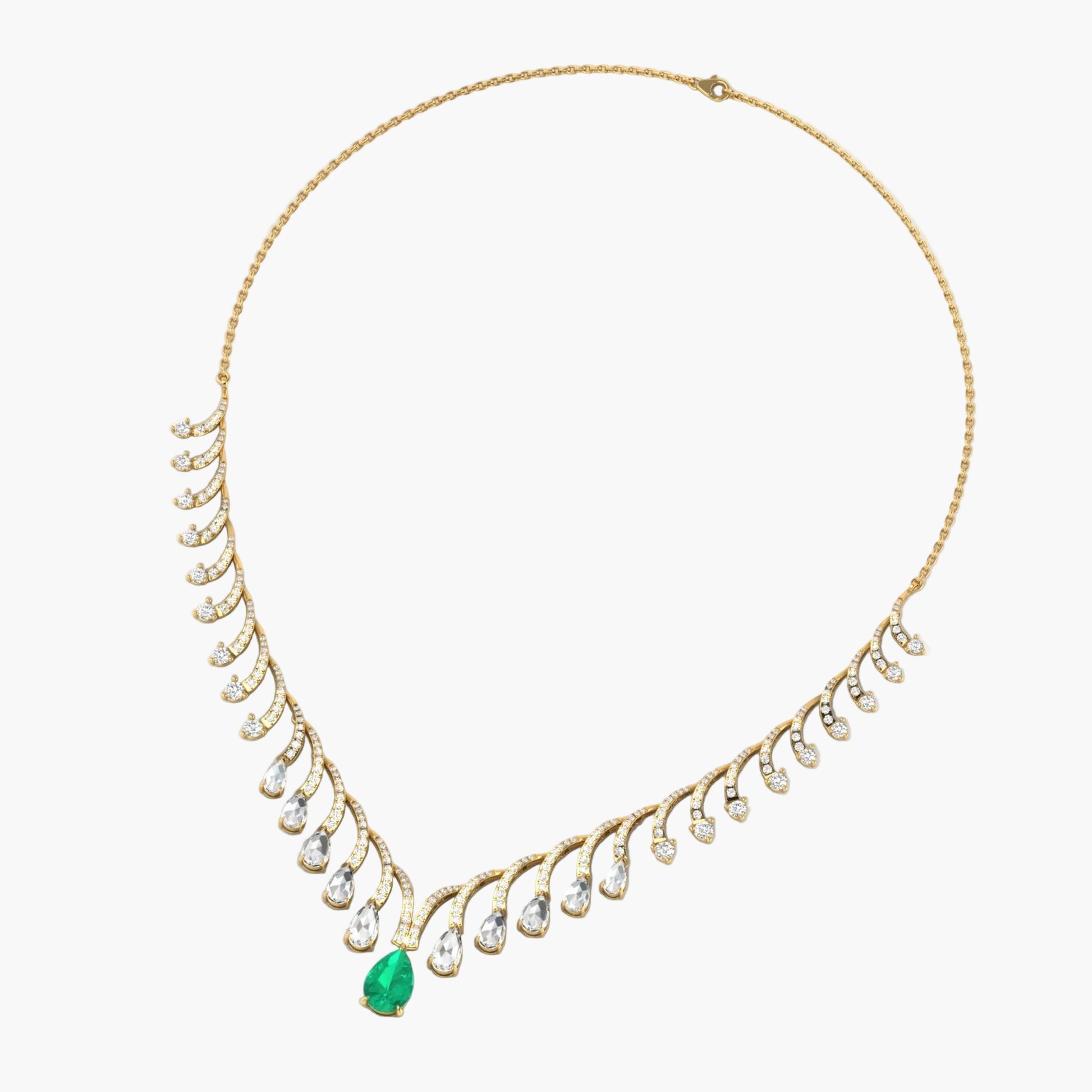 Gold necklace with emerald and diamonds on a white background, branded 'Green Lab'.