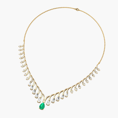 Gold necklace with emerald and diamonds on a white background, branded 'Green Lab'.