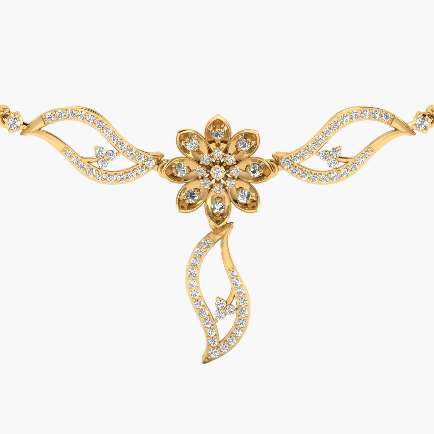 Gold necklace with floral design and diamonds on a white background