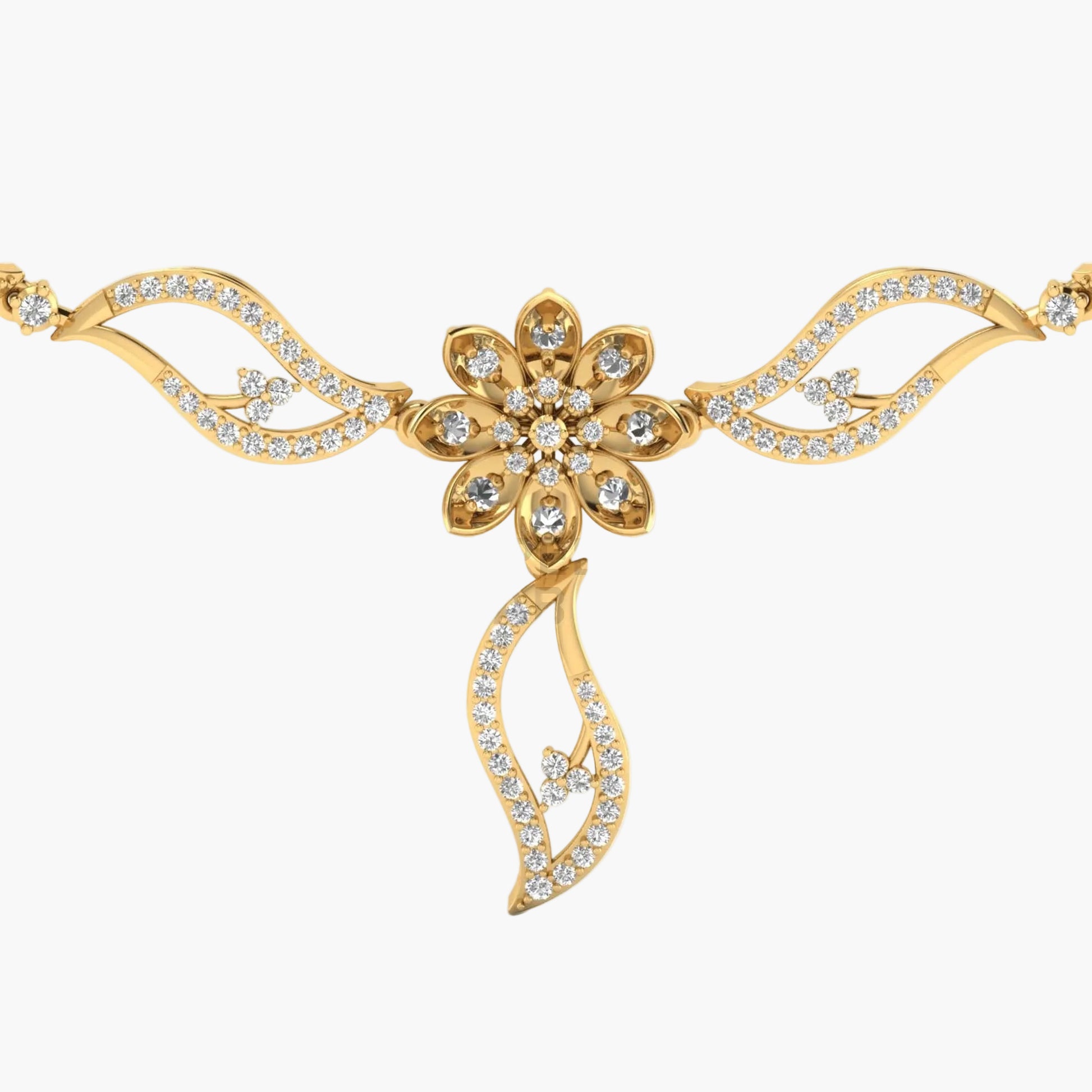 Gold necklace with floral design and diamonds on a white background