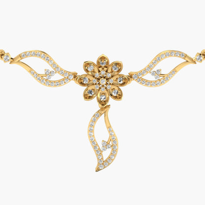 Gold necklace with floral design and diamonds on a white background